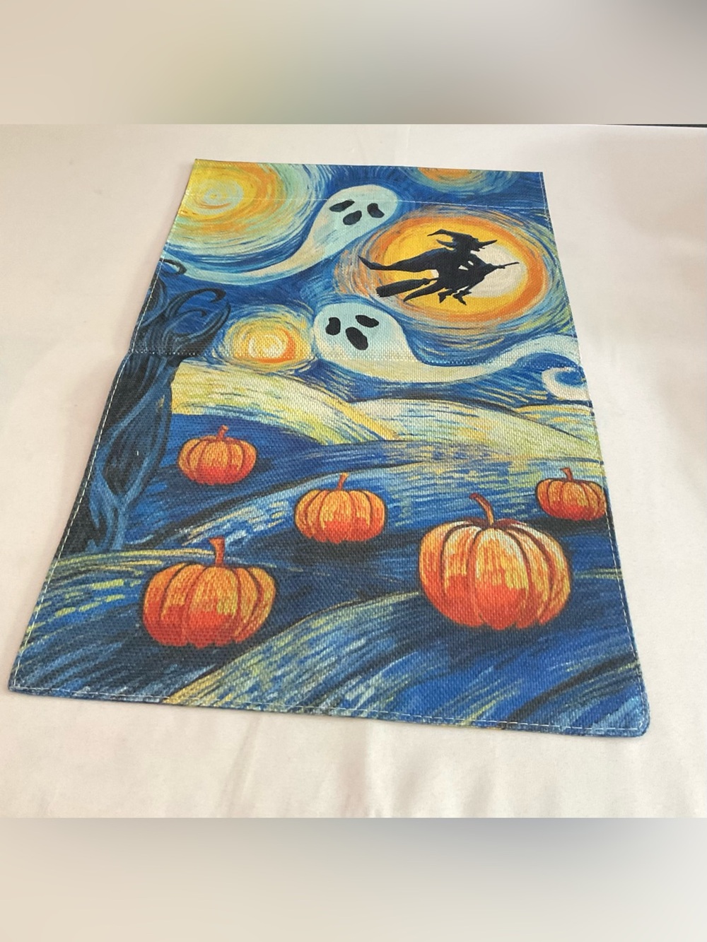 Starry Night Halloween Pumpkin & Witch Art in Blue and Orange